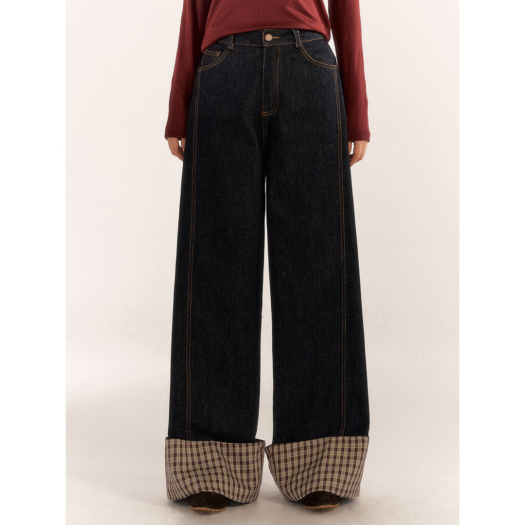 AsGony Plaid Patchwork Turn Over Edge Wide-Leg Jeans