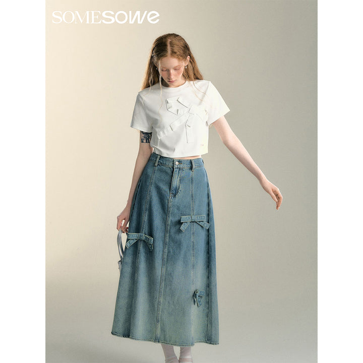 SomeSowe Gradient Stereo bow Denim Long Skirt