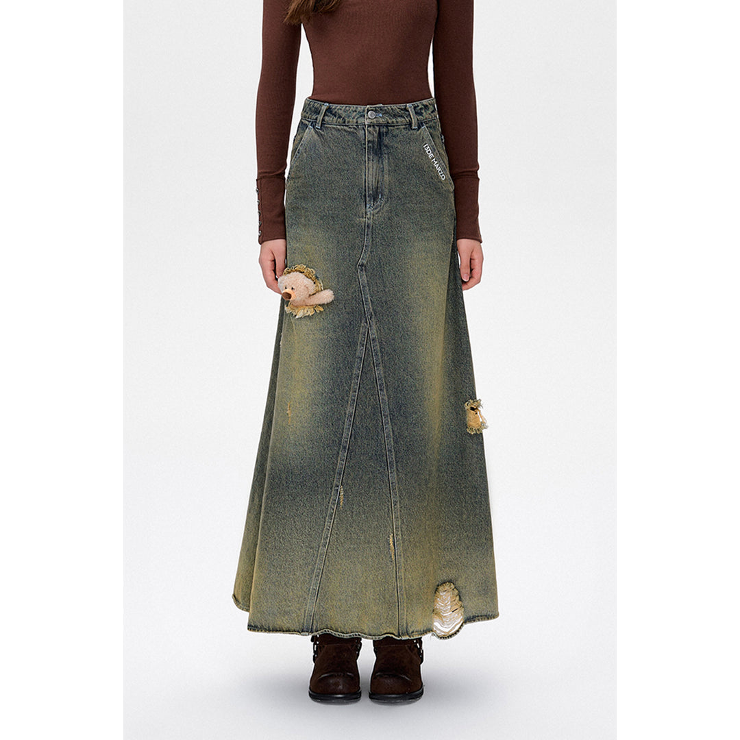 13De Marzo Bear Split Deconstruct Denim Long Skirt