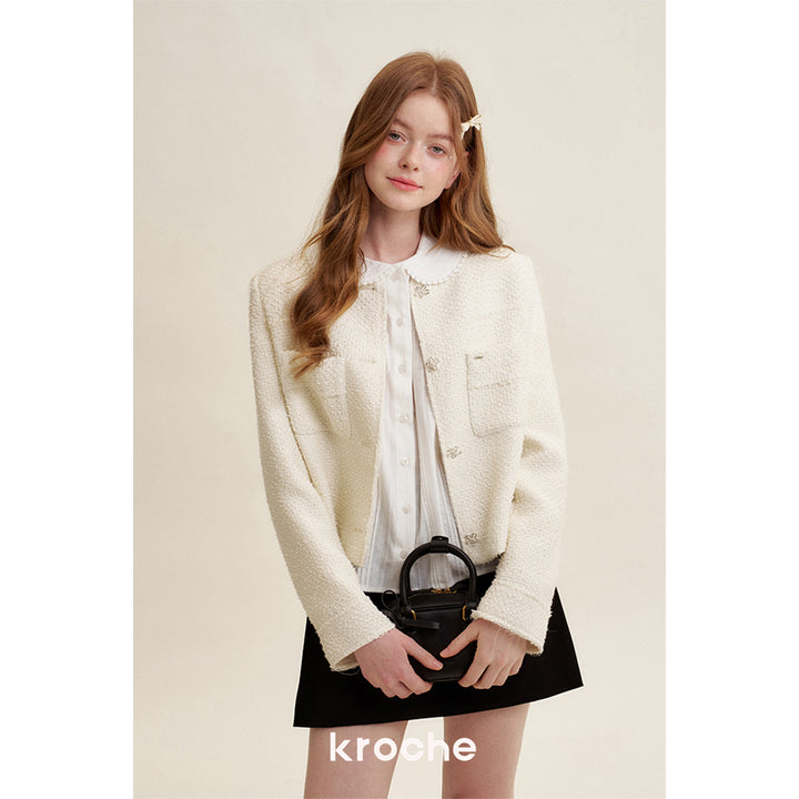 Kroche Heavy Floral Button Tweed Jacket White