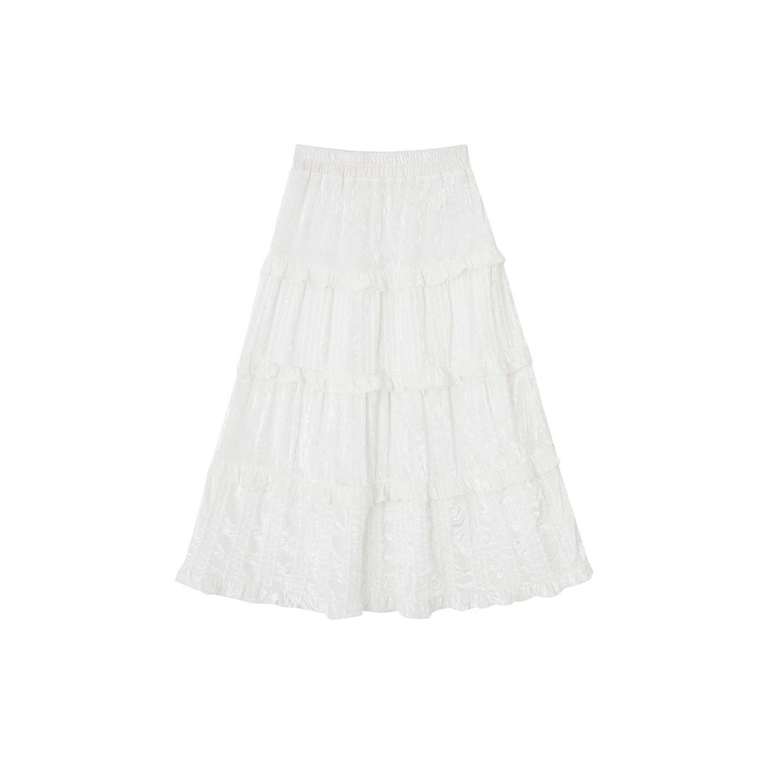 SomeSowe Ruffled Velvet Puffy Long Skirt White