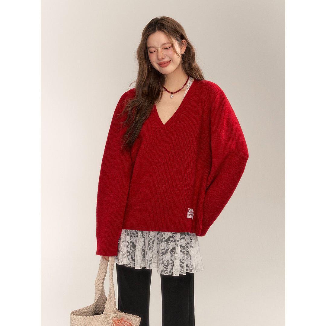 AsGony Retro V-Neck Casual Knit Sweater Red