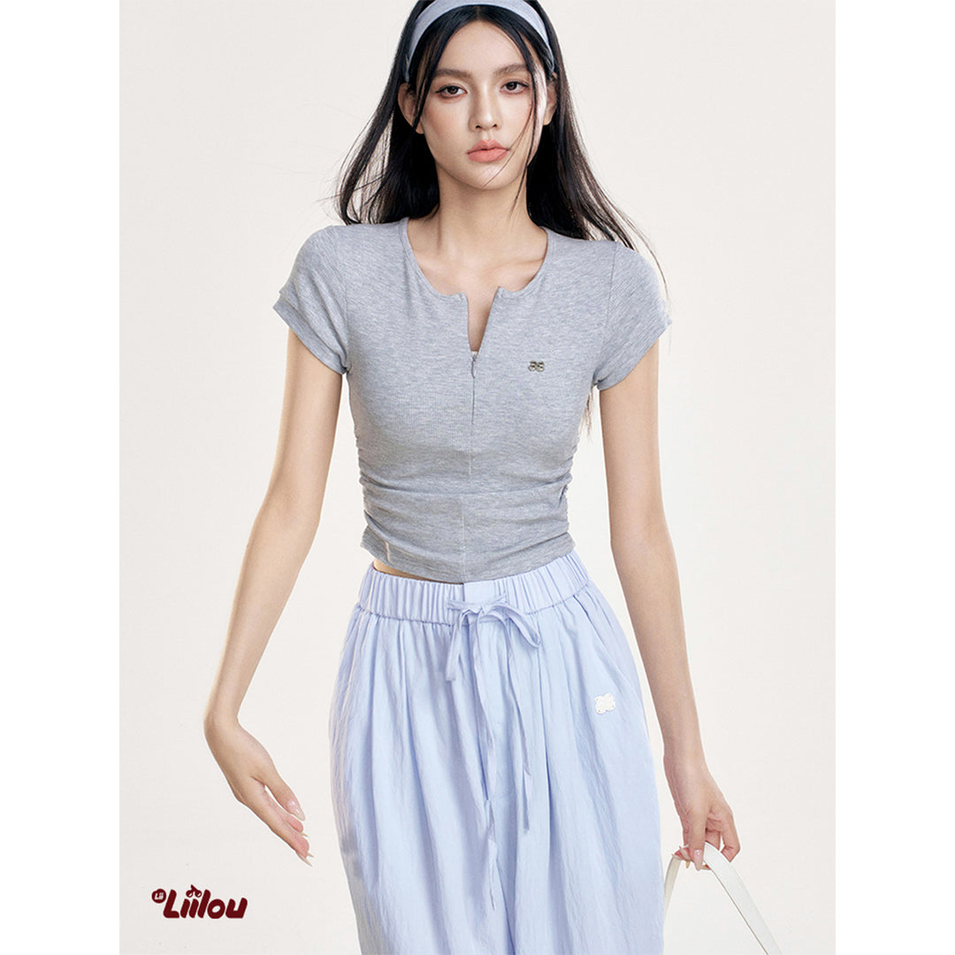 Liilou Zip Up Pleated Waisted Slim T-Shirt Gray