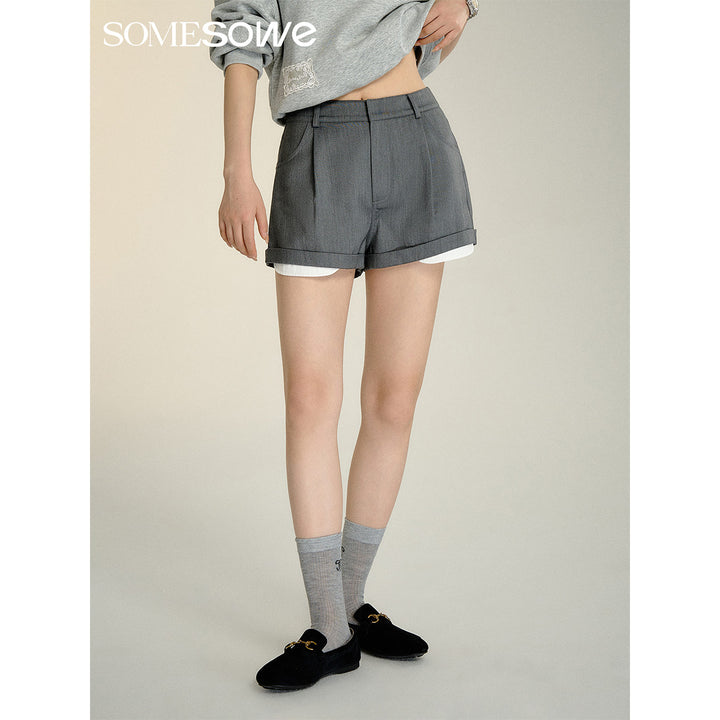 SomeSowe Fake-2-Piece Patchwork Casual Shorts