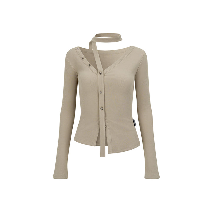 Via Pitti Irregular Ribbon Diagonal Shoulder Button Top Khaki