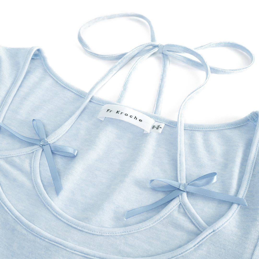 Kroche Fake-2-Piece Halter Bow Short Sleeve Tee Blue