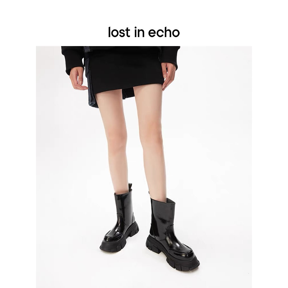 Lost In Echo Wide Heel Leather Boots Black - Mores Studio