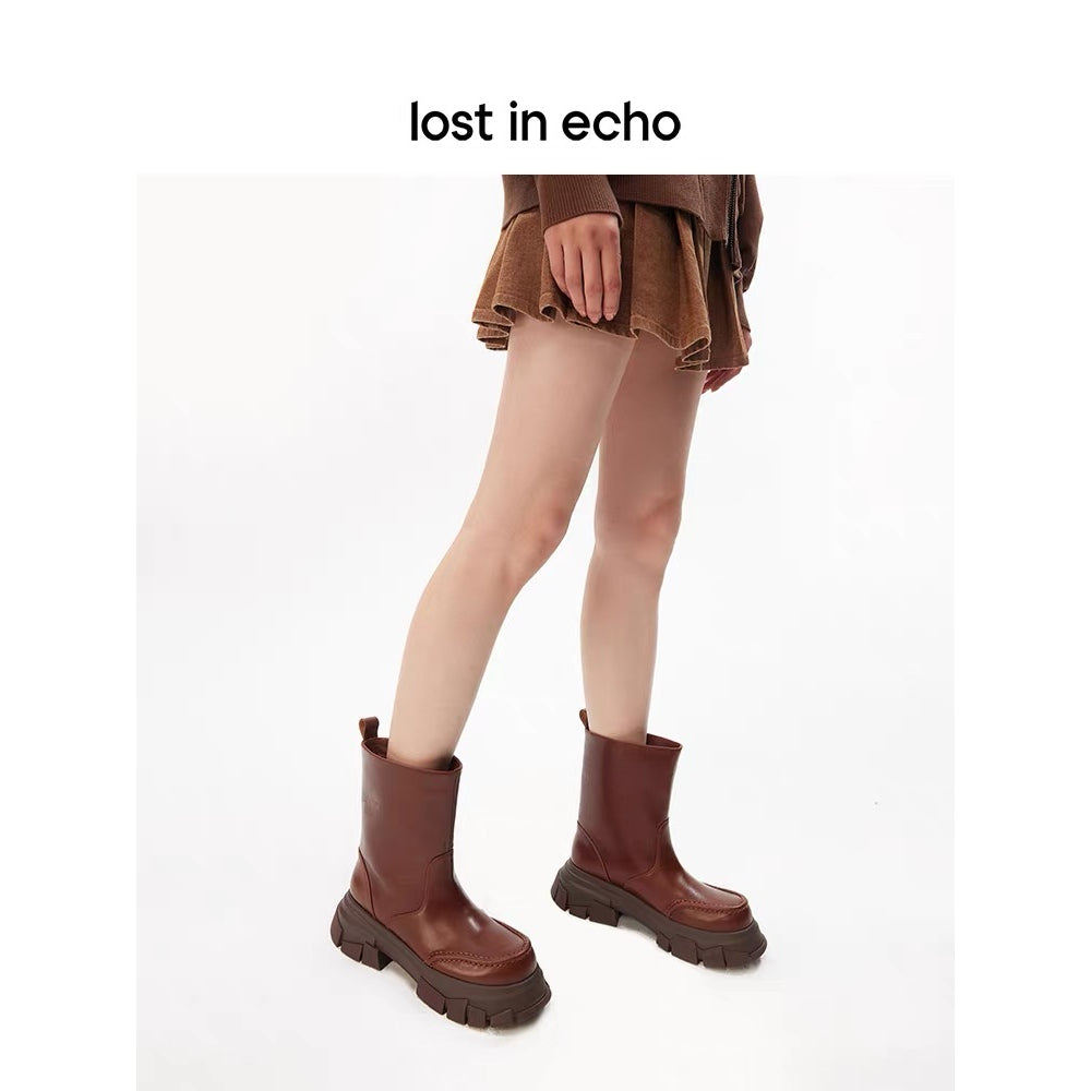 Lost In Echo Wide Heel Leather Boots Brown - Mores Studio