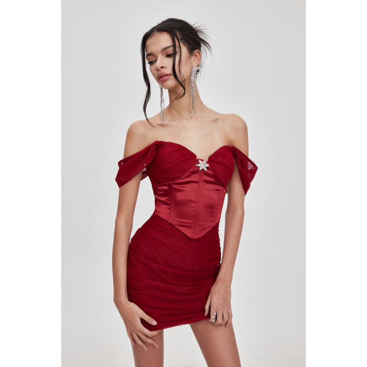 Sheer Luck Rosette Fishbone Mesh Tube Top Dress Red - Mores Studio