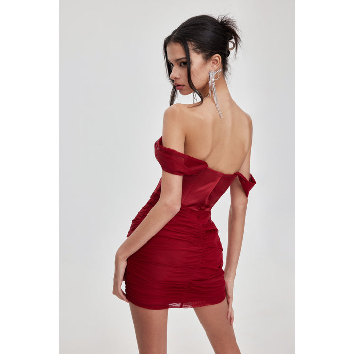 Sheer Luck Rosette Fishbone Mesh Tube Top Dress Red - Mores Studio