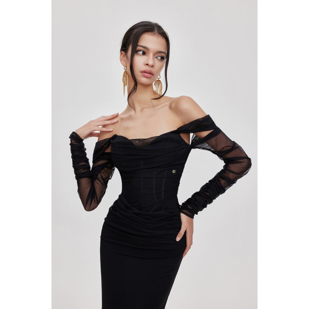 Sheer Luck Ariel Off-Shoulder Fishtail Mesh Dress Black - Mores Studio