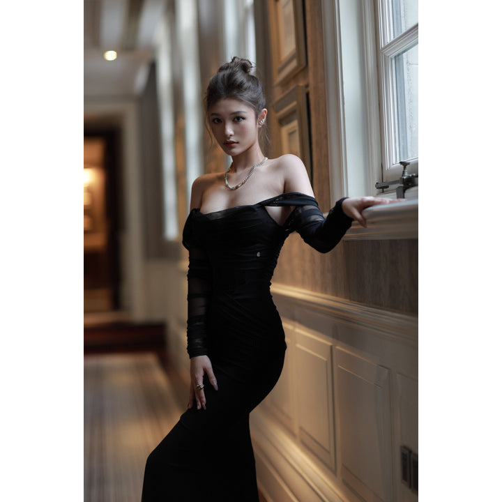 Sheer Luck Ariel Off-Shoulder Fishtail Mesh Dress Black - Mores Studio