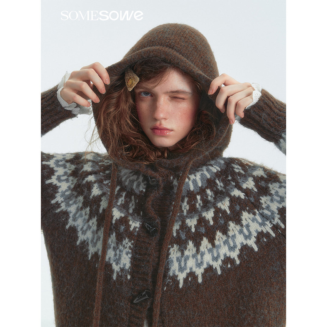 SomeSowe Fair Isle Hooded Knit Cardigan Brown