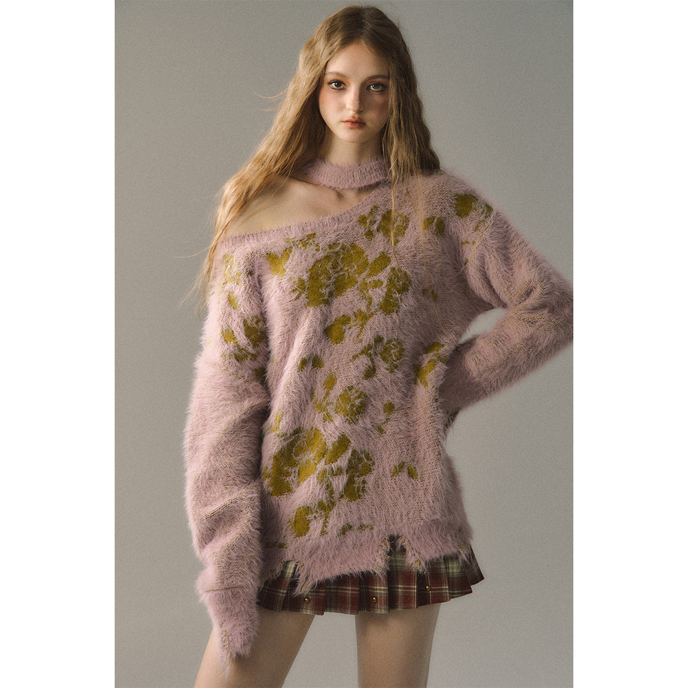Via Pitti Chocker Neck Destroyed Fluffy Rose Sweater Pink - Mores Studio