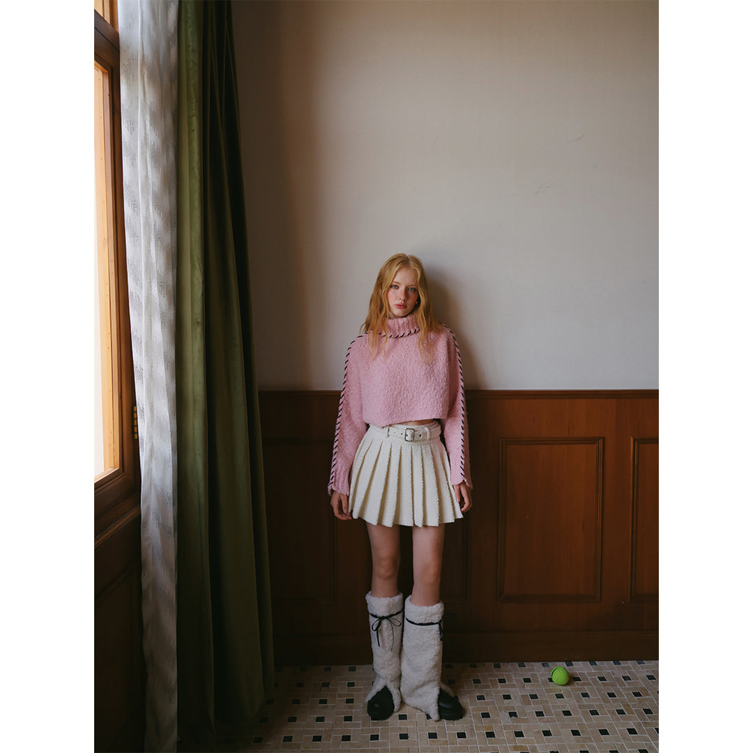 Rocha Roma Tweed Woolen Turtleneck Sweater Pink - Mores Studio