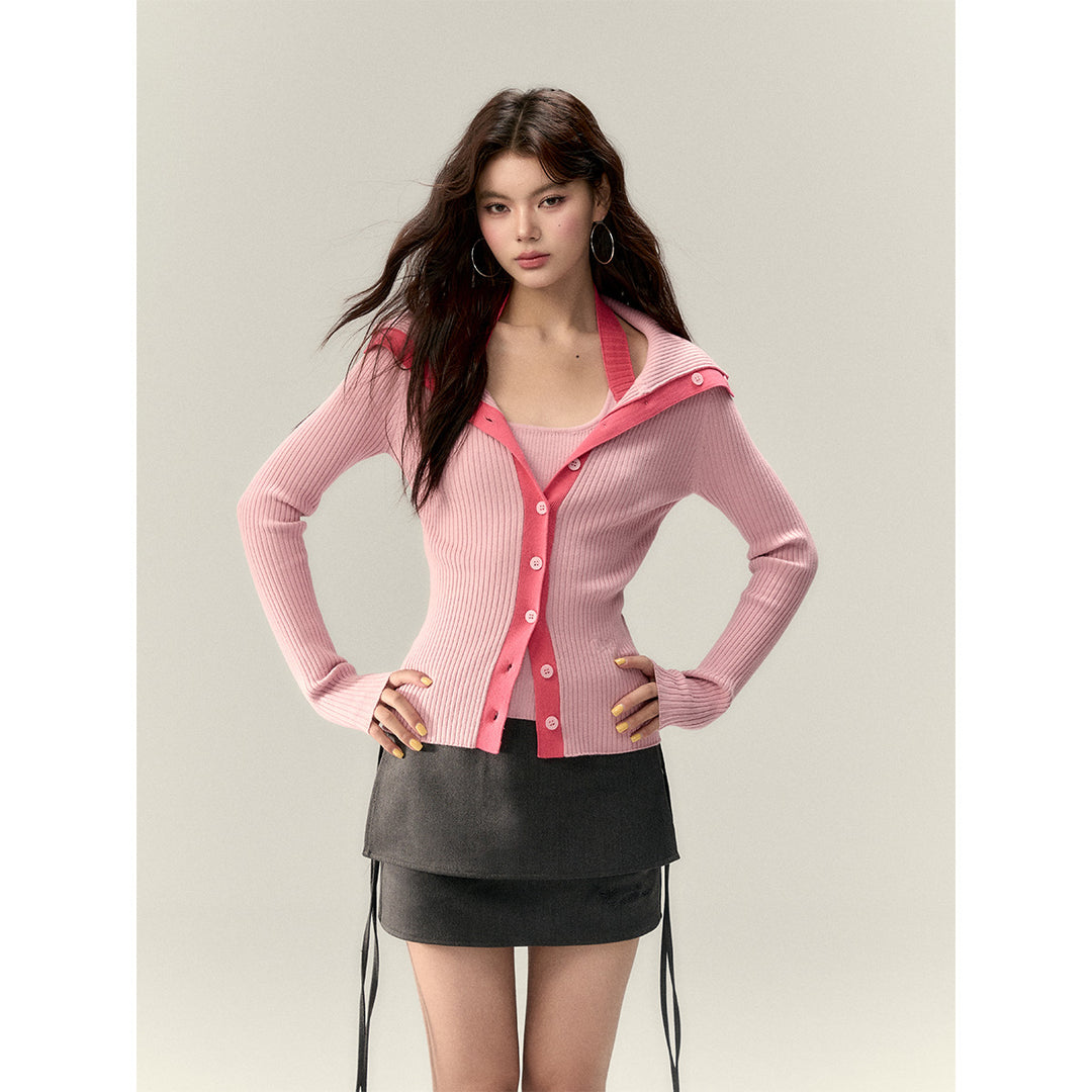 Via Pitti Color Blocked Big Lapel Knit Slim Cardigan Pink