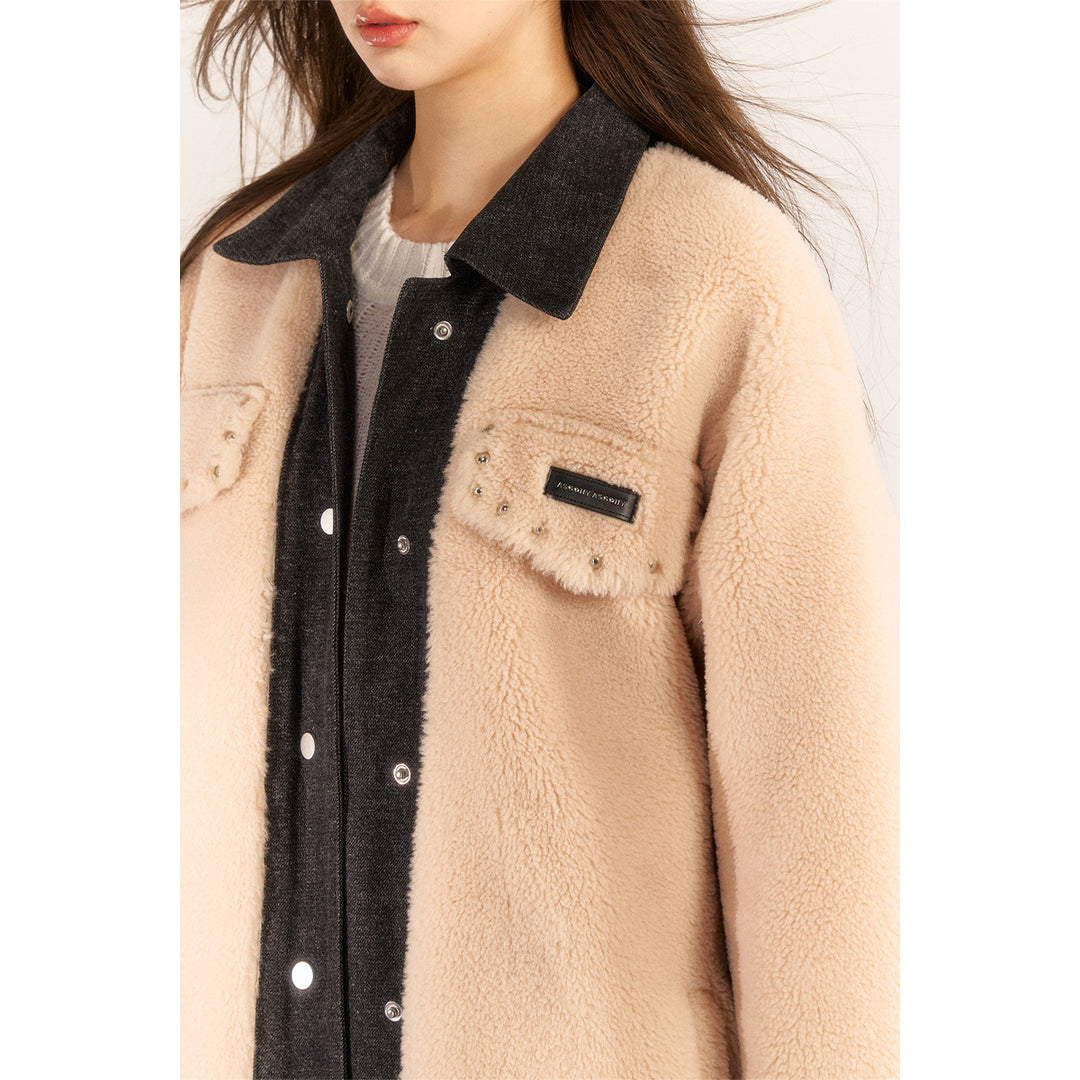 AsGony Fake-2-Piece Denim Patchwork Fleece Mid-Length Coat Beige