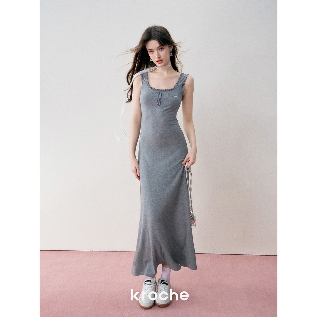 Kroche Lace Knit Sling Long Dress Gray