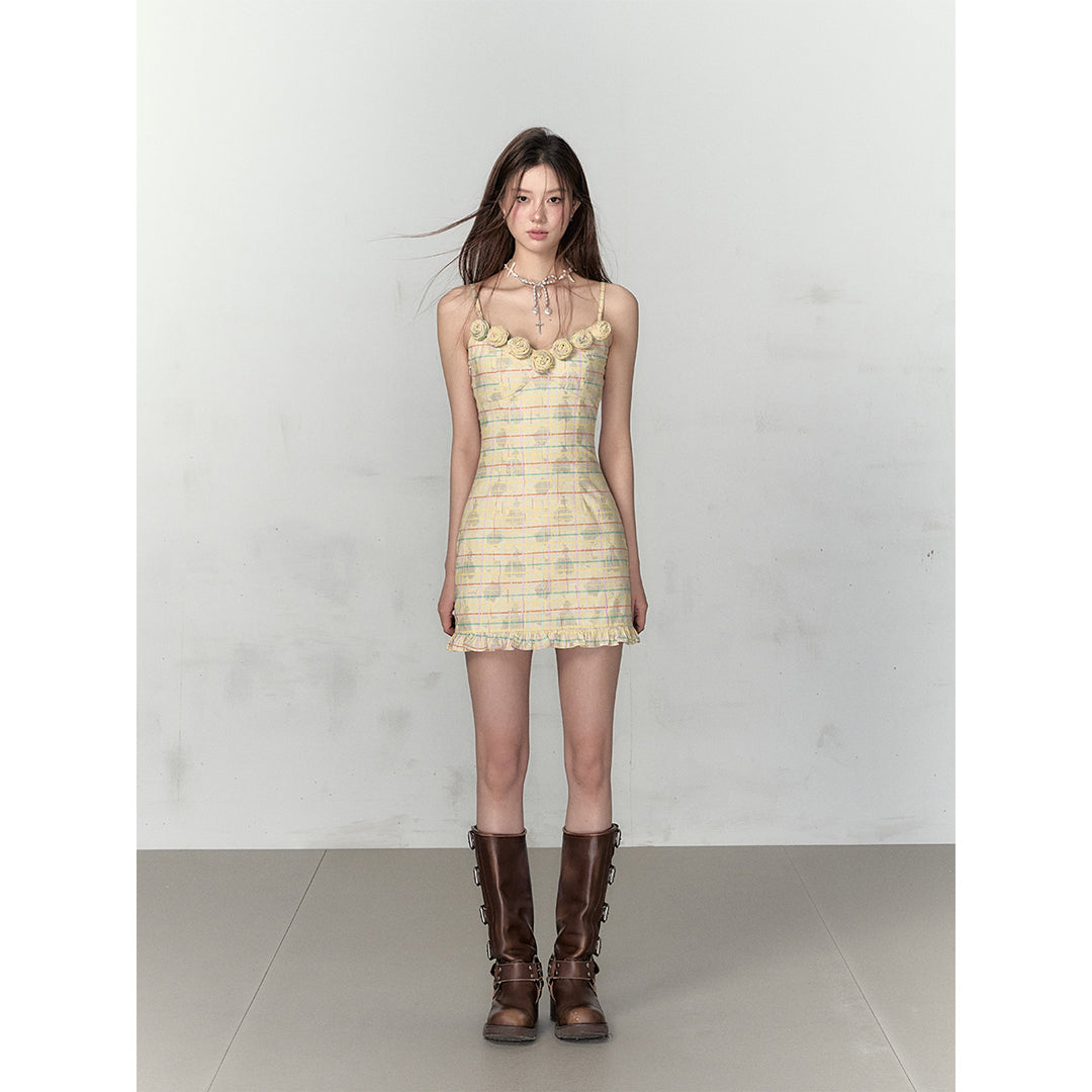 Via Pitti Plaid Rose Slip Vest Dress Yellow