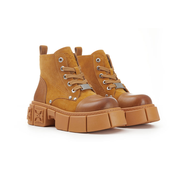 Trapar Waves Thick-Soled Logo Casual Leather Boots Brown