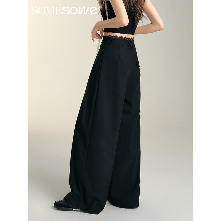 SomeSowe Lace Patchwork Pleated Suit Pants Black