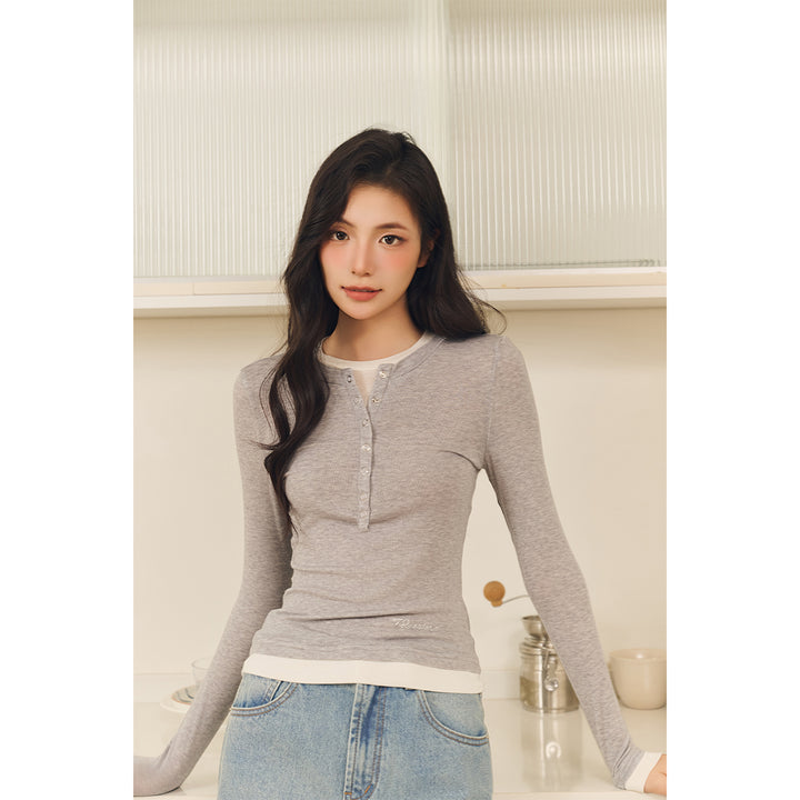 Three Quarters Fake-2-Piece Wool Knit Base Top Gray