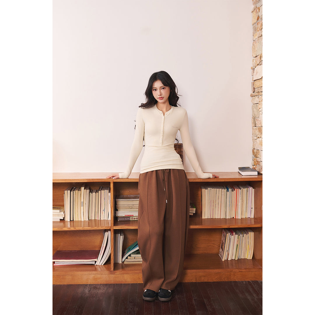 Three Quarters Hotfix Logo Henry Collar Slim Top Beige