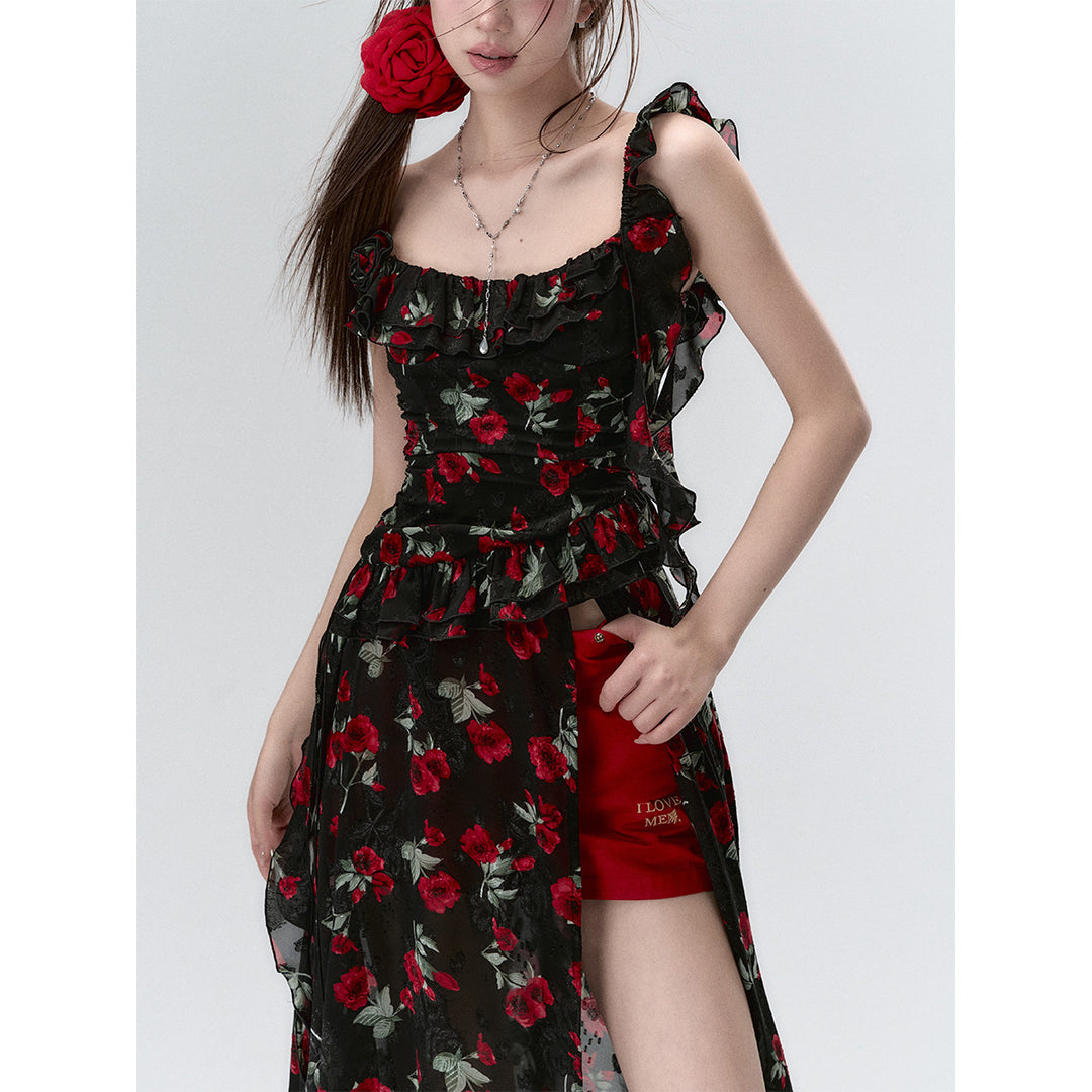 Via Pitti Detachable Two-Piece Floral Midi Dress Black