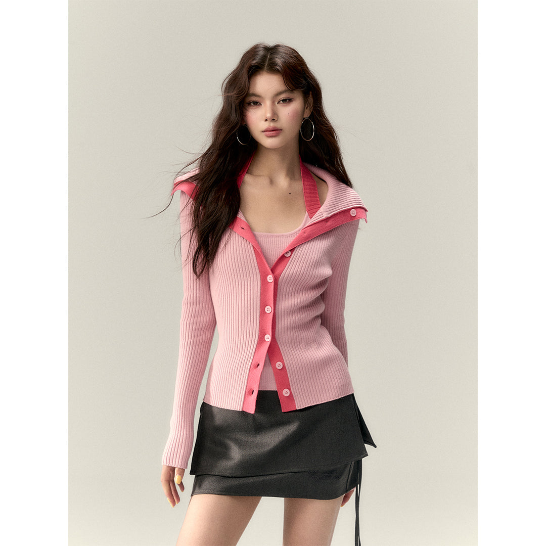 Via Pitti Color Blocked Big Lapel Knit Slim Cardigan Pink