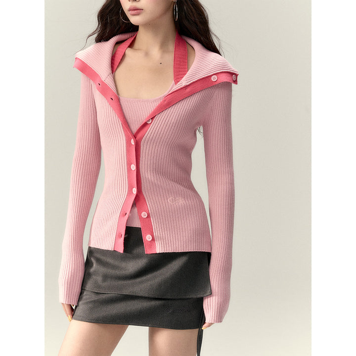 Via Pitti Color Blocked Big Lapel Knit Slim Cardigan Pink