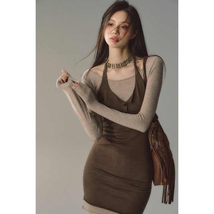 Via Pitti Color Blocked Halterneck Knit Dress Brown - Mores Studio