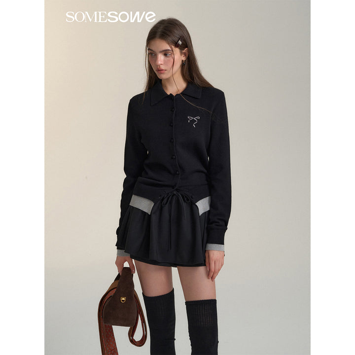 SomeSowe Fake-2-Piece Bow Knit Polo Cardigan Black