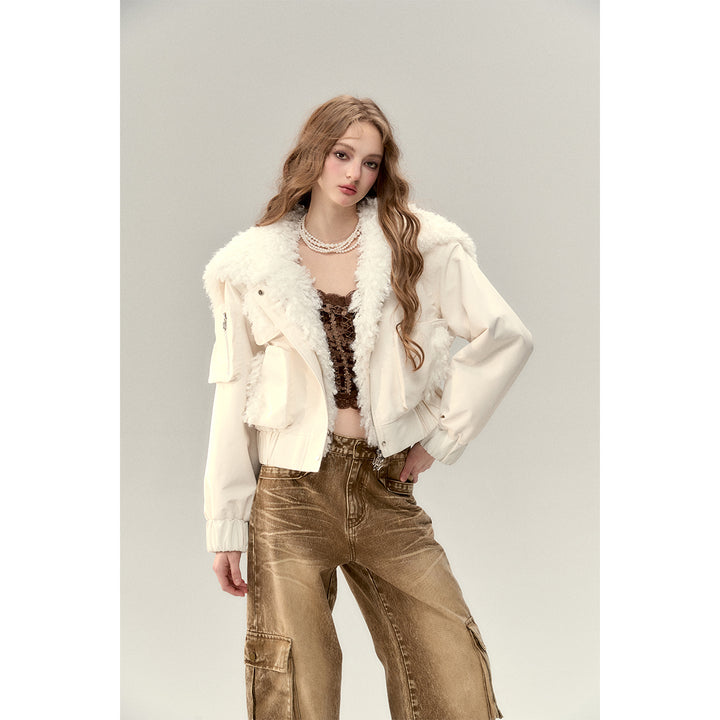 Via Pitti Cargo Pockets Rabbit Fur Jacket Cream - Mores Studio