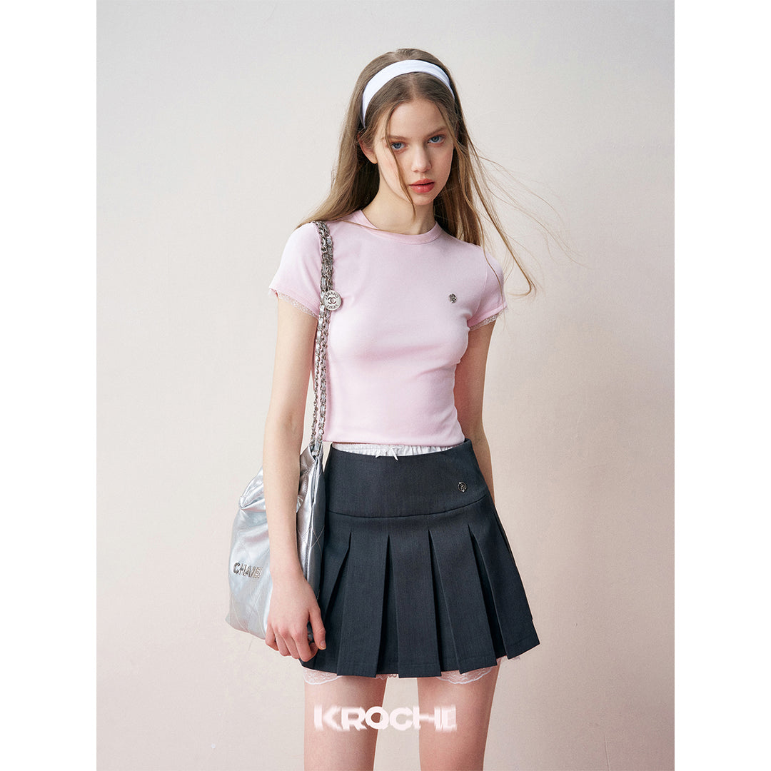Kroche Lace Sleeve Clean Fit Logo Slim Fit Top Pink