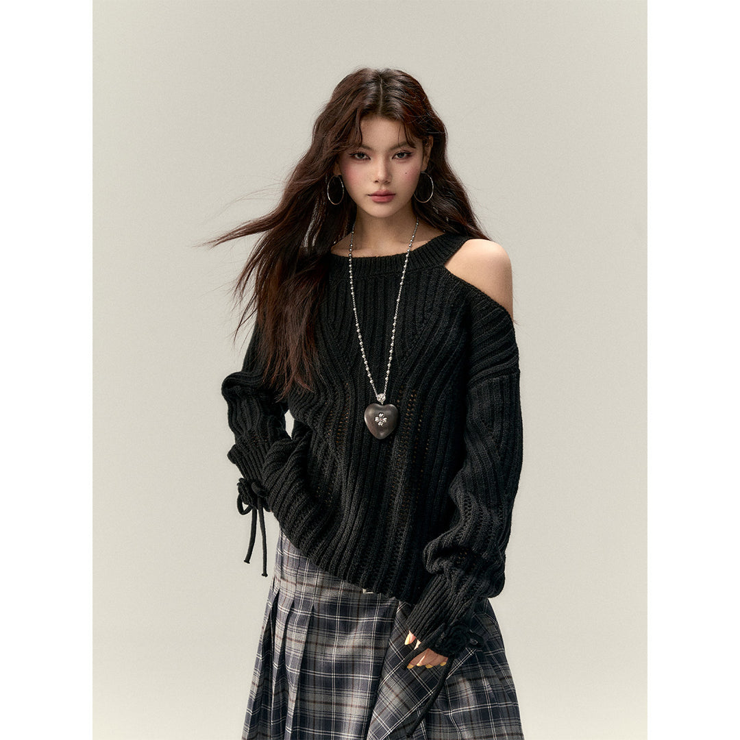 Via Pitti Rose Bow Irregular Collar Two-Way Sweater Black