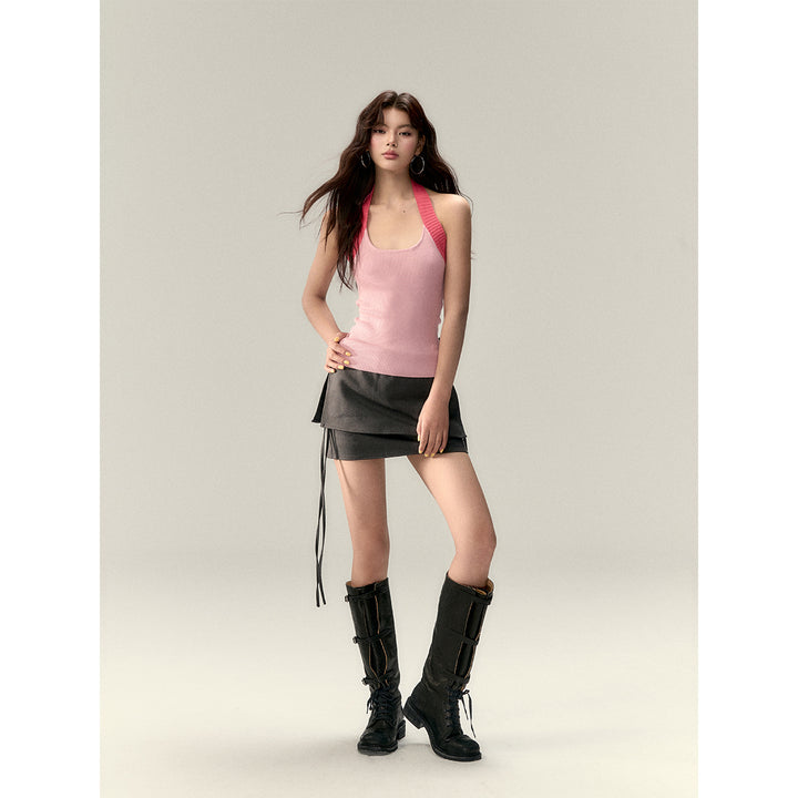 Via Pitti Color Blocked Halter Knit Slim Vest Pink