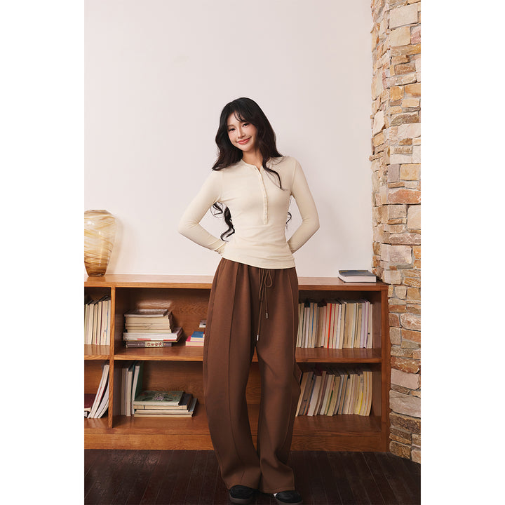 Three Quarters Hotfix Logo Henry Collar Slim Top Beige