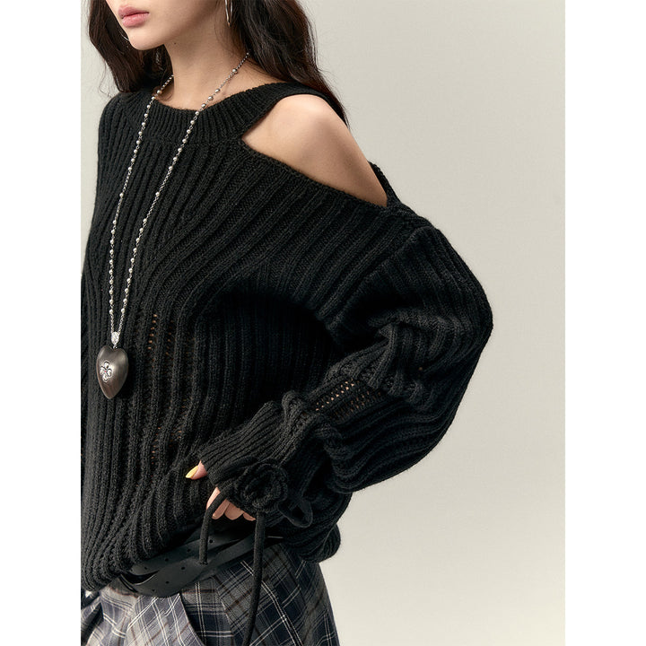 Via Pitti Rose Bow Irregular Collar Two-Way Sweater Black