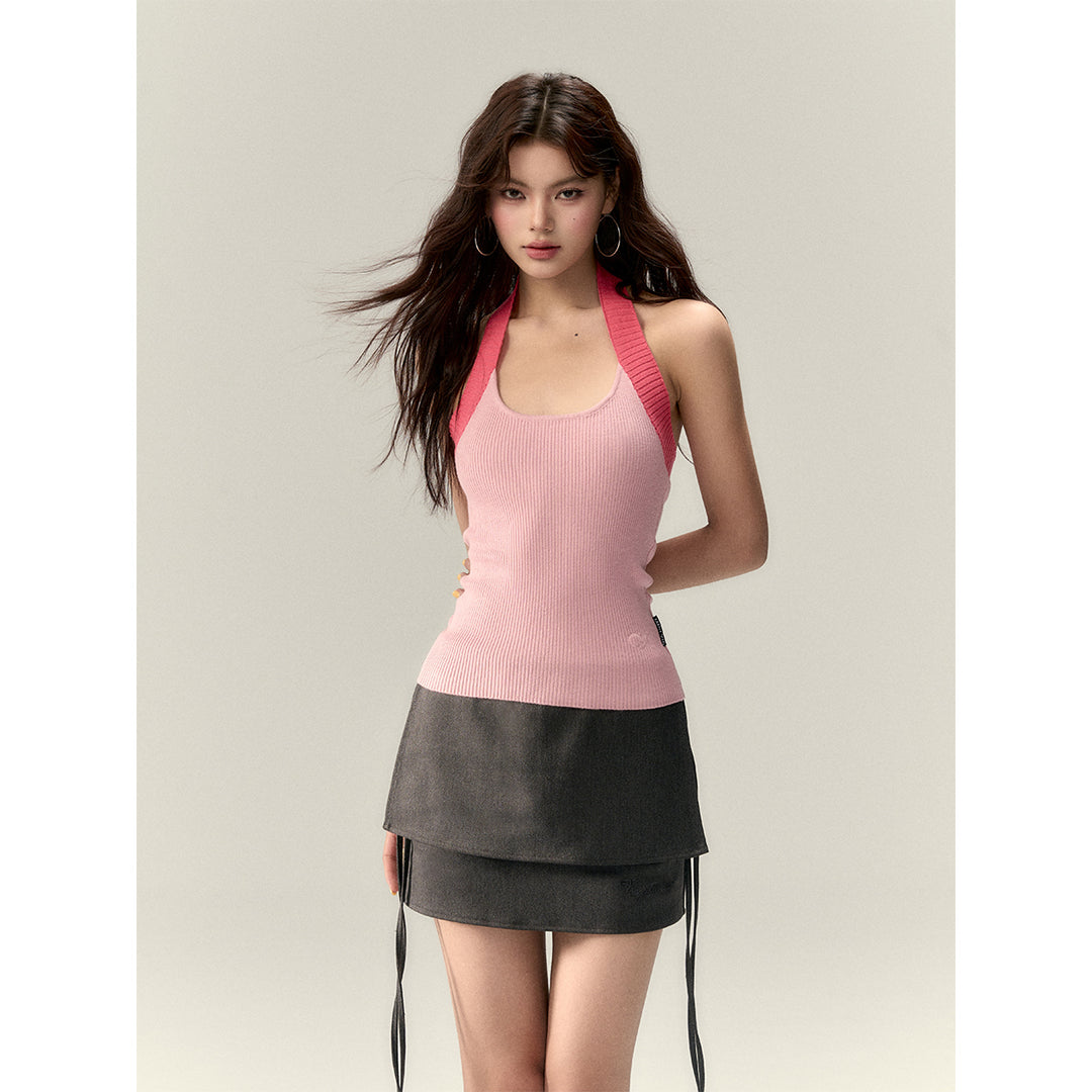 Via Pitti Color Blocked Halter Knit Slim Vest Pink