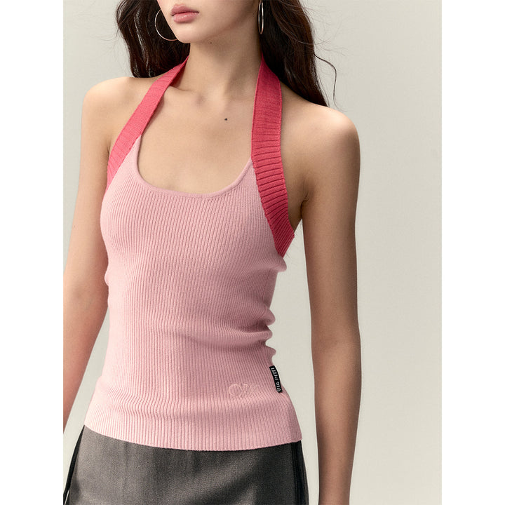 Via Pitti Color Blocked Halter Knit Slim Vest Pink