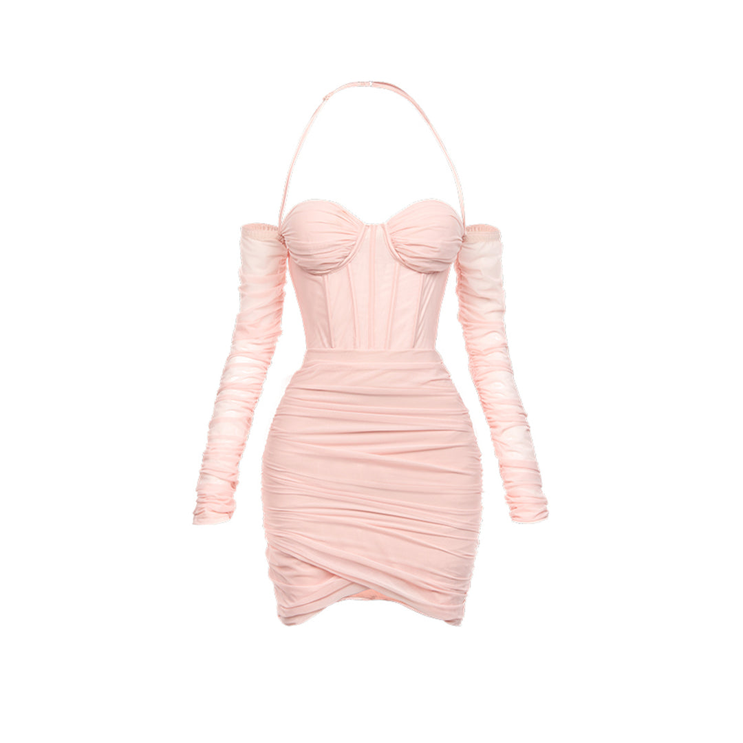Sheer Luck Mesh Fish-Bone Wrap Sling Dress Pink - Mores Studio