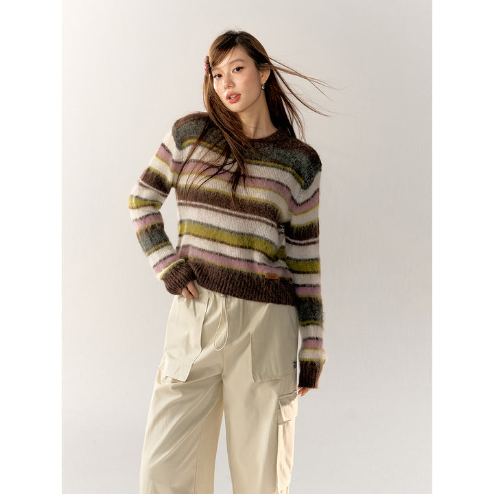 AsGony Contrast Color Striped Knit Sweater Brown