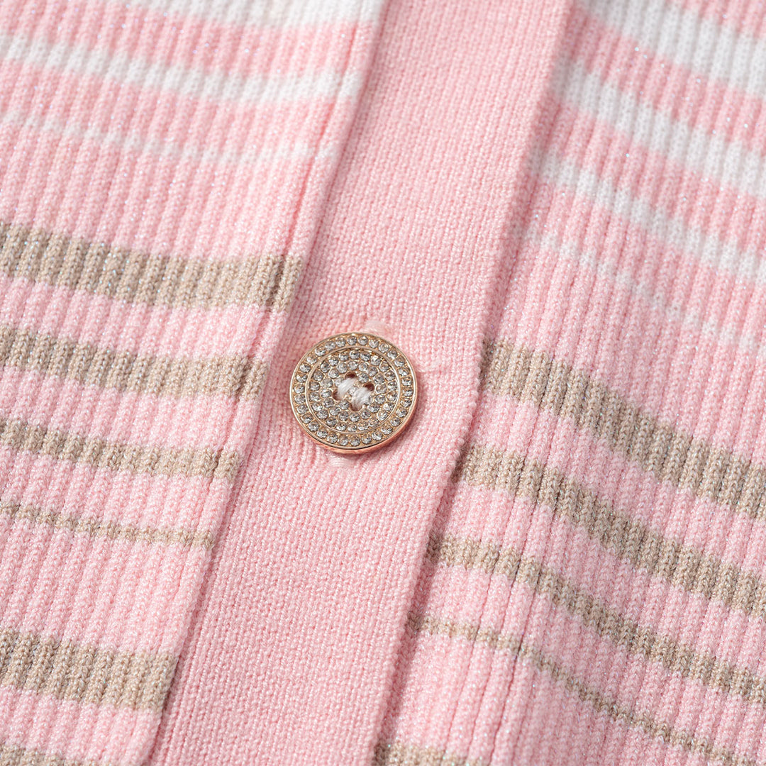 Three Quarters V-Neck Striped Button Knit Top - Mores Studio