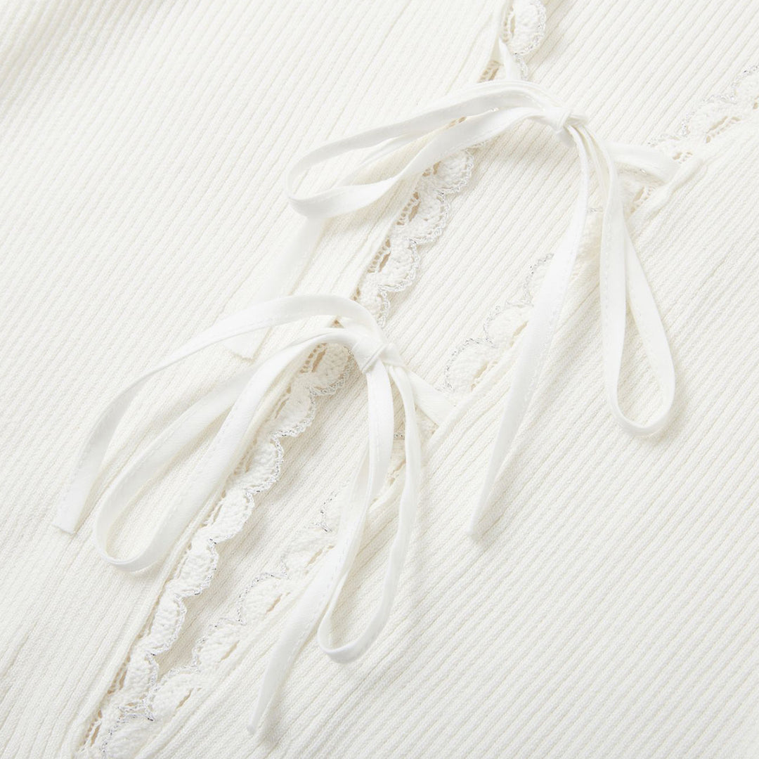 SomeSowe Bow Lace Up V-Neck Cardigan White