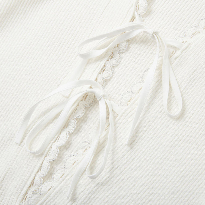 SomeSowe Bow Lace Up V-Neck Cardigan White