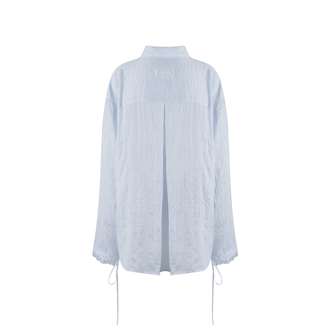 Kroche Lace Patchwork Ribbon Striped Shirt Blue