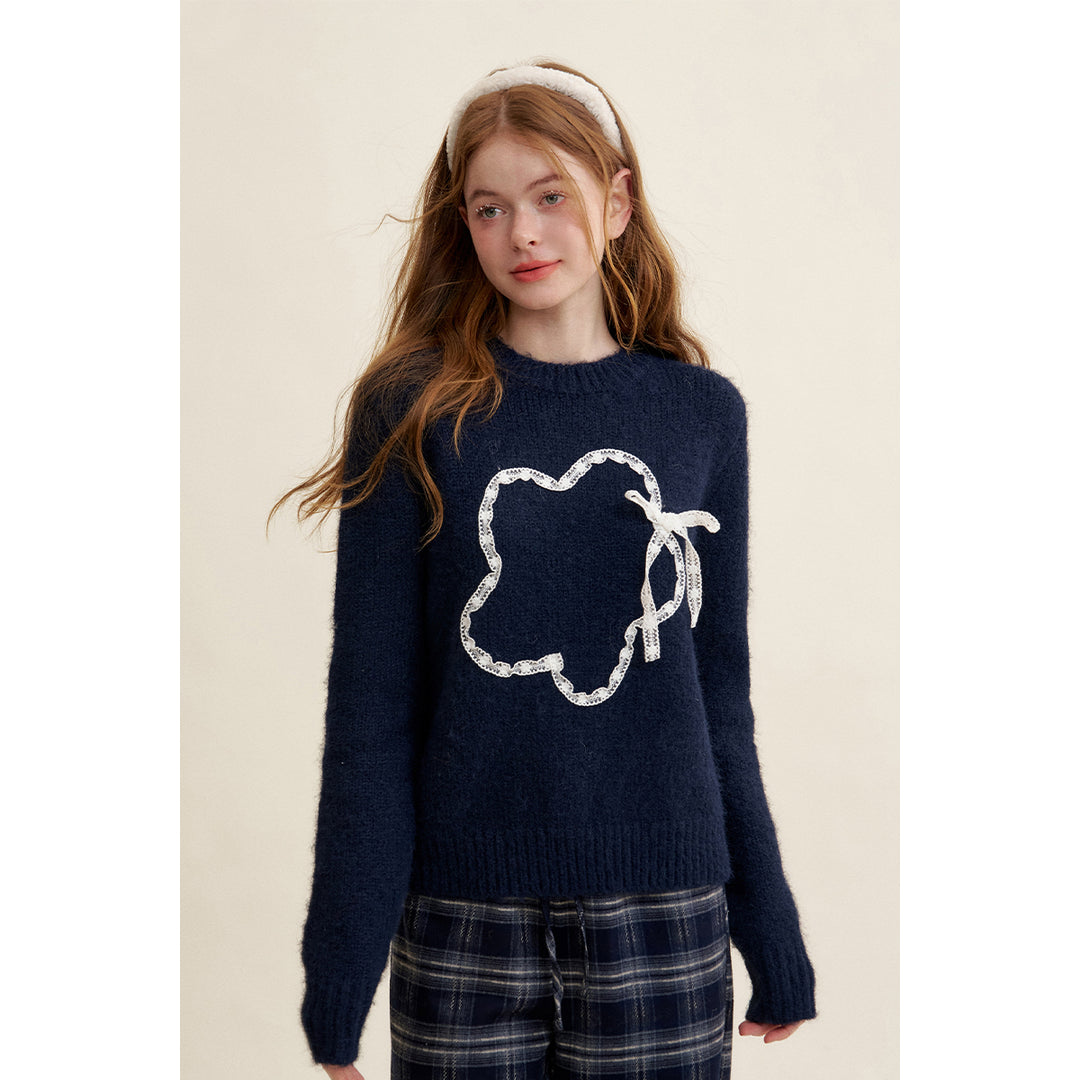 Kroche Lace Petal Woolen Knit Sweater Navy Blue