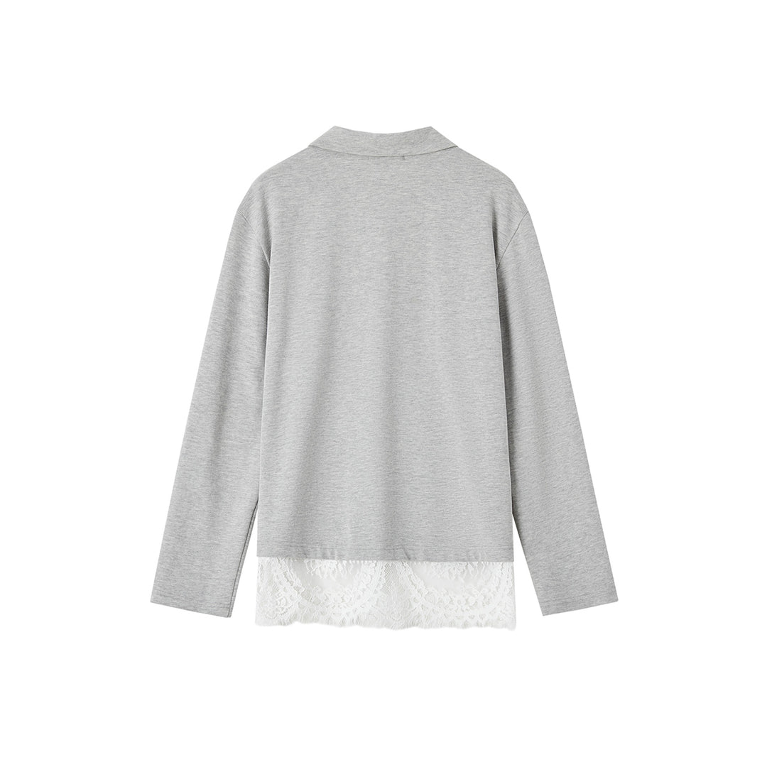 SomeSowe Lace Patchwork Polo Long Sleeve T-Shirt Gray