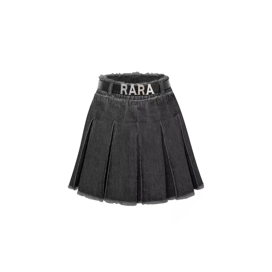 Rocha Roma "RARA" Logo Pleated Denim Skirt Black - Mores Studio