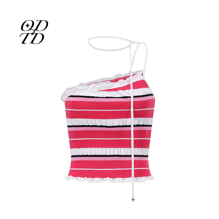 ODTD Off-Shoulder Halterneck Striped Knitted Vest Pink